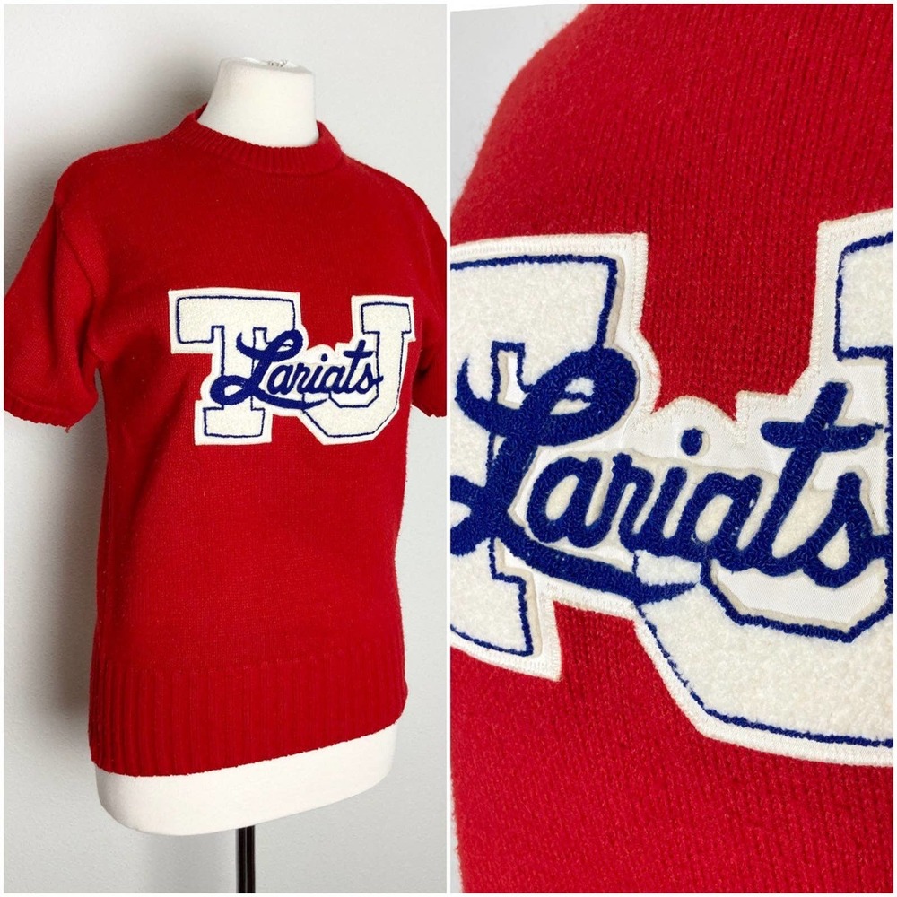 Vintage Red Crewneck Sweater with White and Blue Appliqué